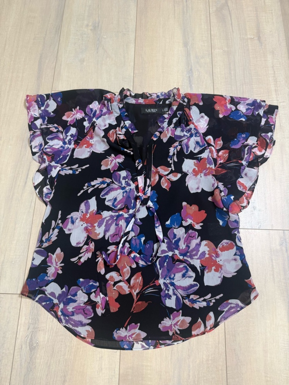 Ralph Lauren Black Floral Ruffle Tie-Front Blouse